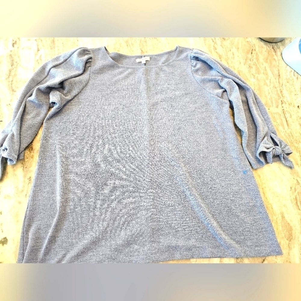 Max Studio 1X Blue Tie Sleeve Textured Knit Top Long Sleeve Pullover